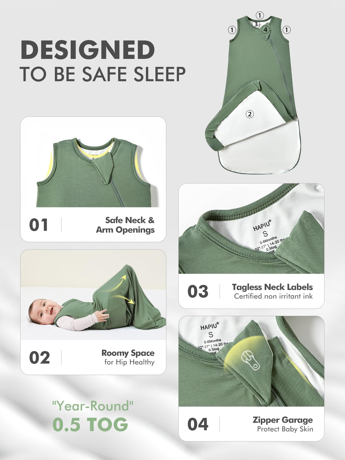 HAPIU sleep sack safety features include zipper garage protecting the face area.