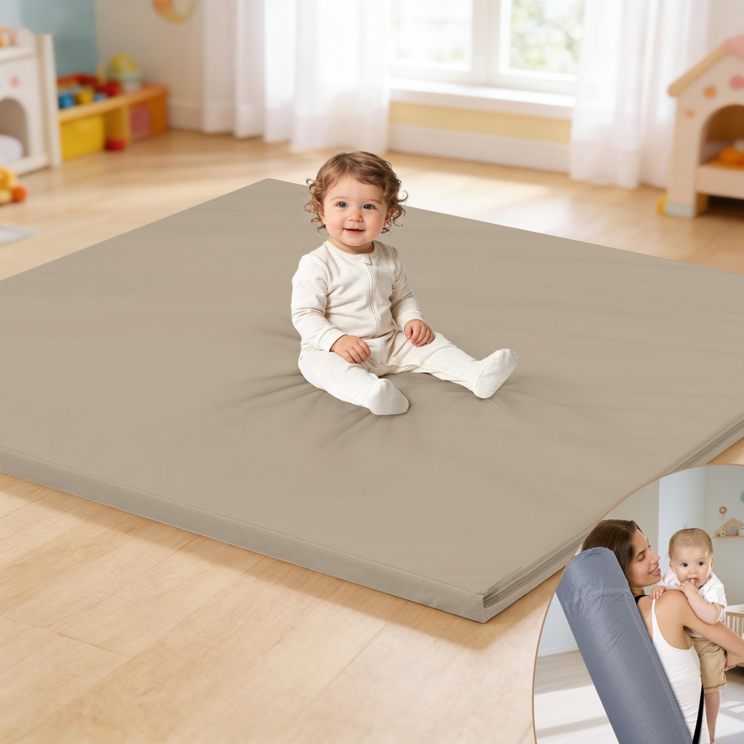 HARBOLLE baby play mat 47x47 layout for comfy tummy time on hardwood floors.