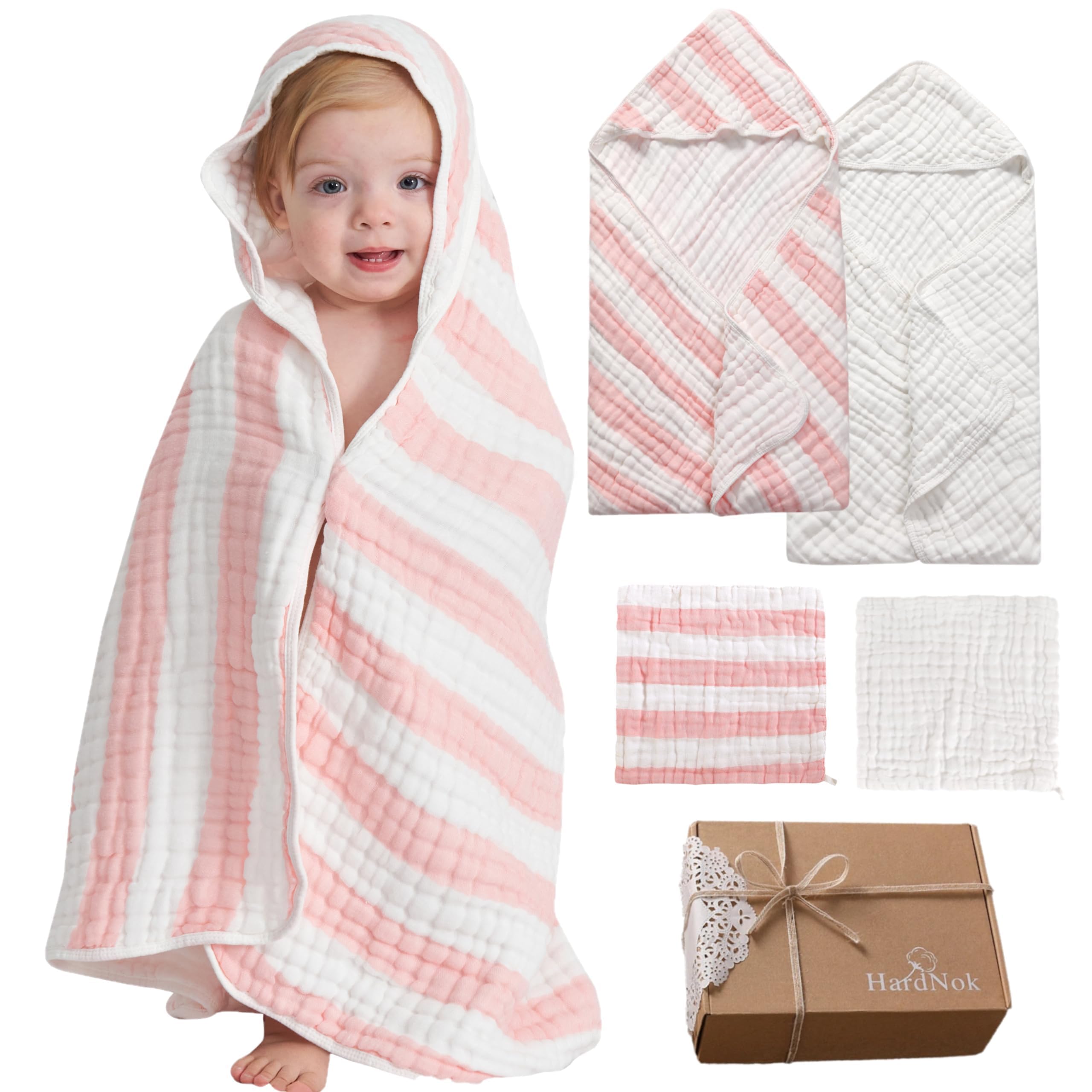 HardNok muslin hooded baby towel in pink stripe ready for bath time