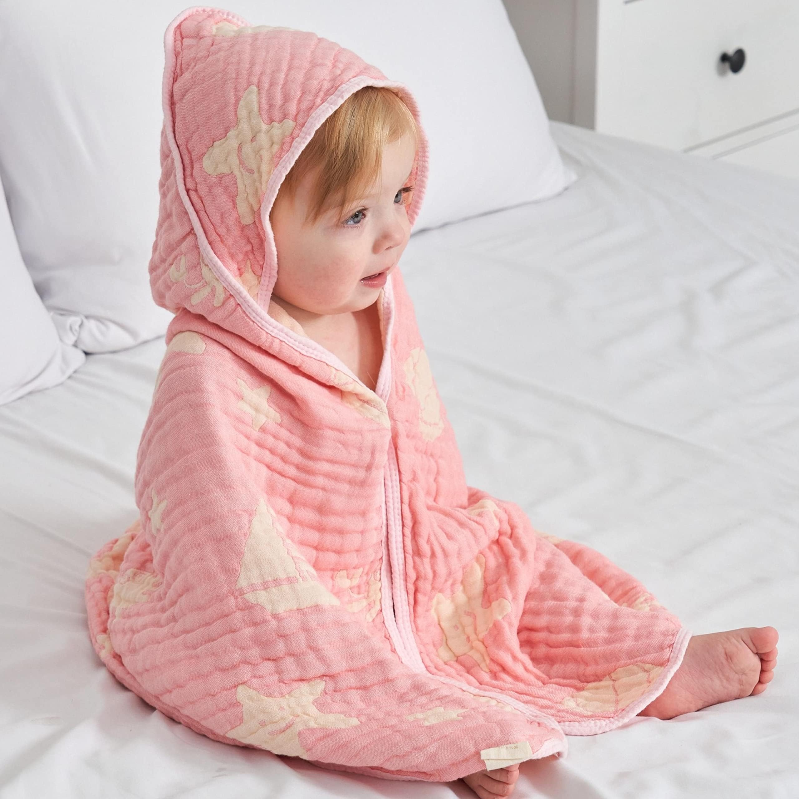 HardNok Ultra-Soft Muslin Hooded Towel on baby after bath, soft and cozy