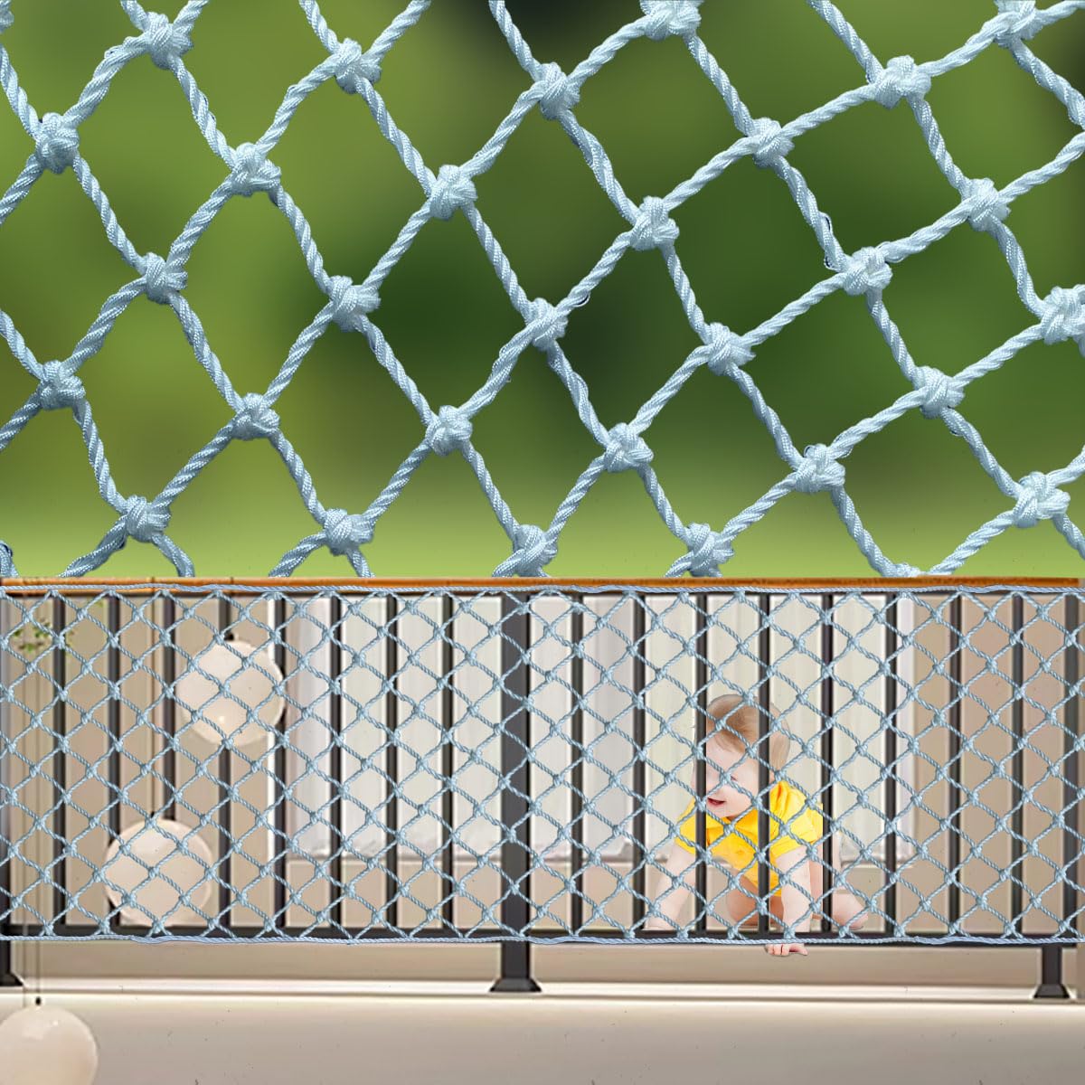 HARERNET stair safety net assembly shows easy corner attachment for stairs.