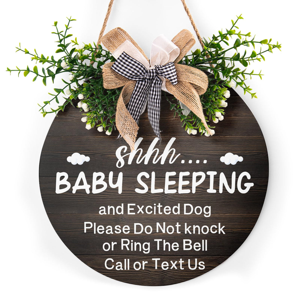 Harooni baby sleeping sign for front door 12x12 inches, ideal nursery entry decor.