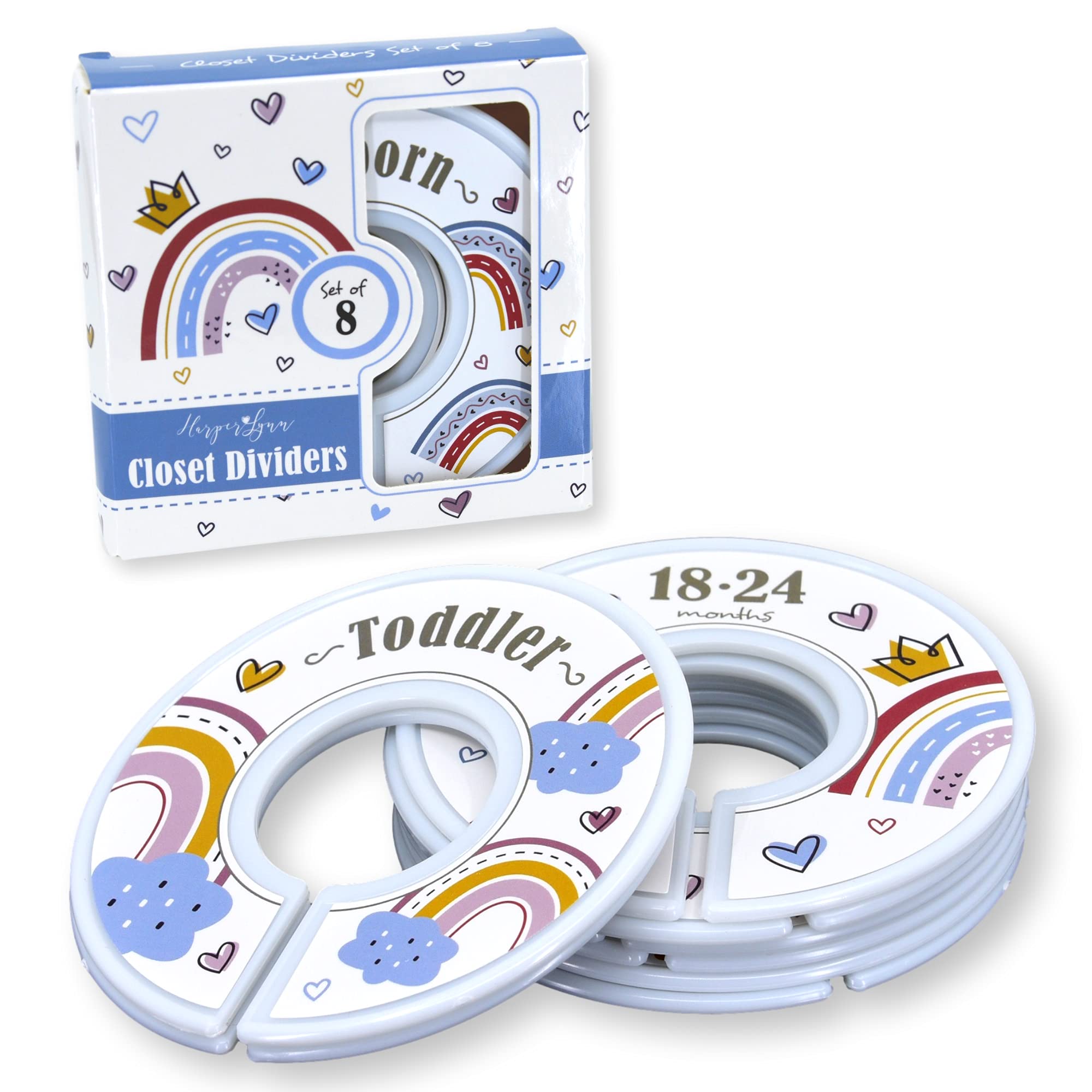 HarperLynn Boho Rainbow Closet Dividers with cloud pattern organize baby outfits by size.