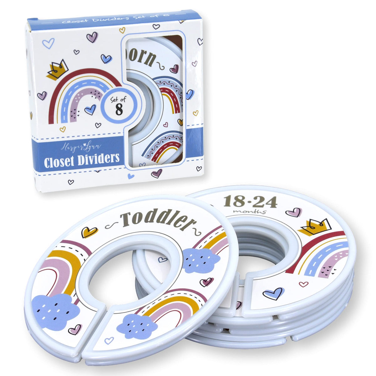 HarperLynn Boho Rainbow Closet Dividers with cloud pattern organize baby outfits by size.