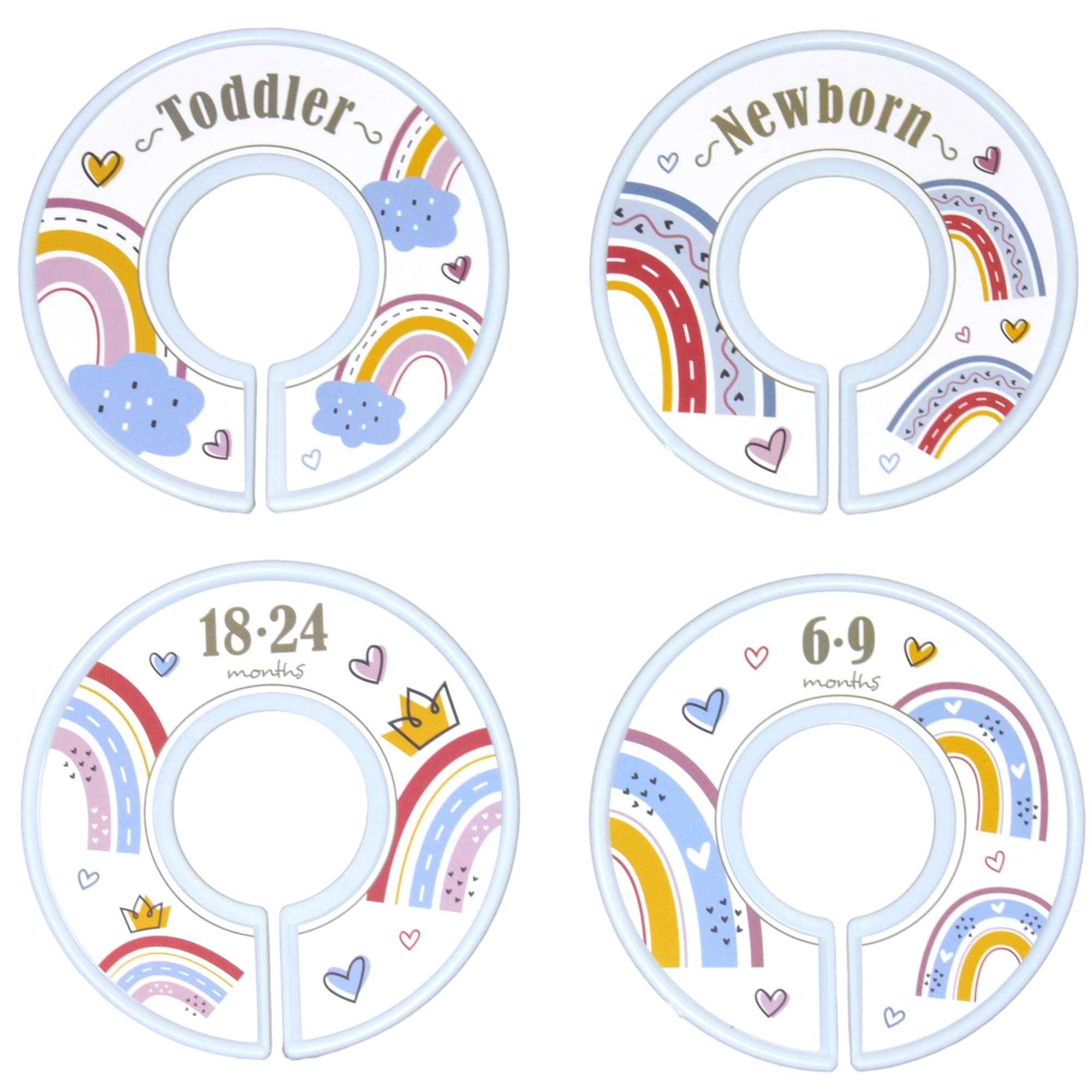 HarperLynn Boho Rainbow Closet Dividers with heart pattern help categorize newborn to 2T clothing.