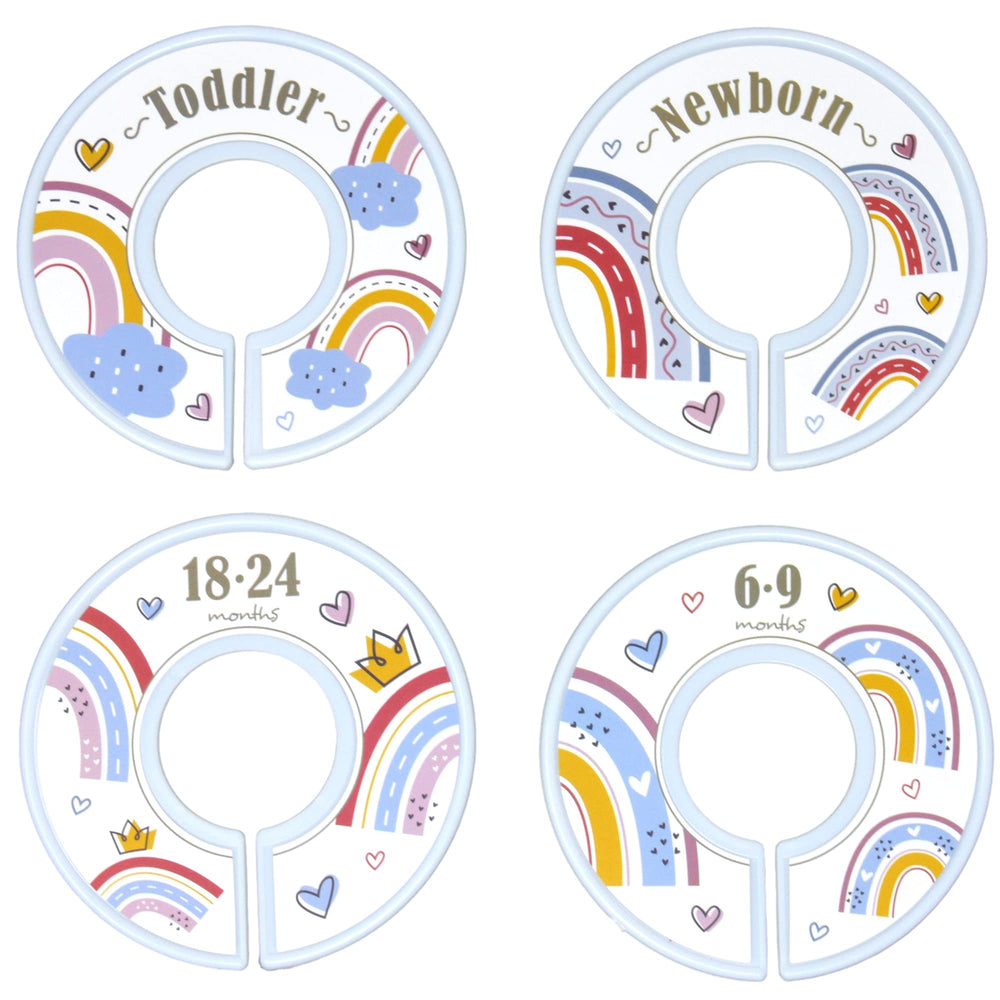 HarperLynn Boho Rainbow Closet Dividers with heart pattern help categorize newborn to 2T clothing.