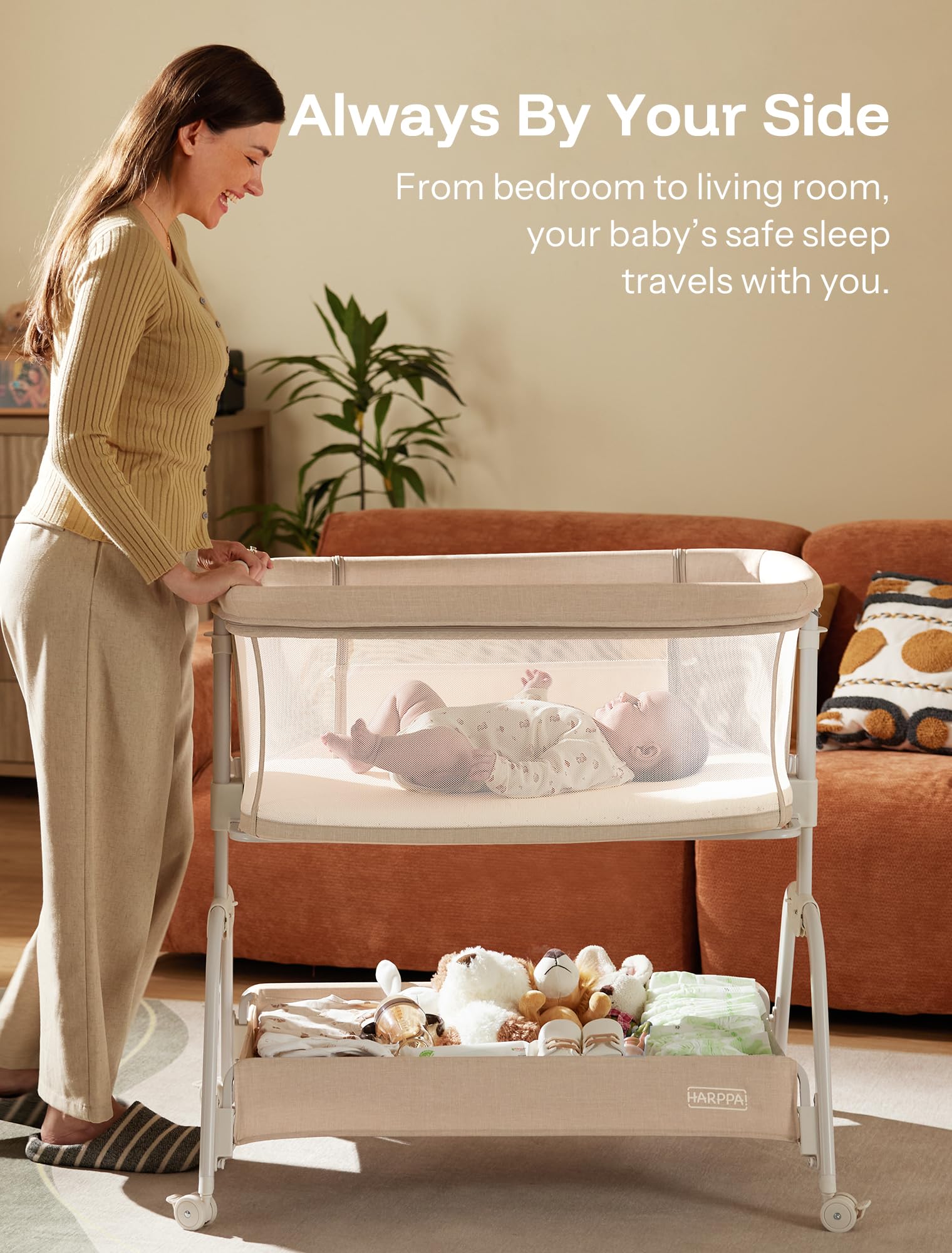 HARPPA Cuddly Bassinet storage basket keeps essentials within reach.