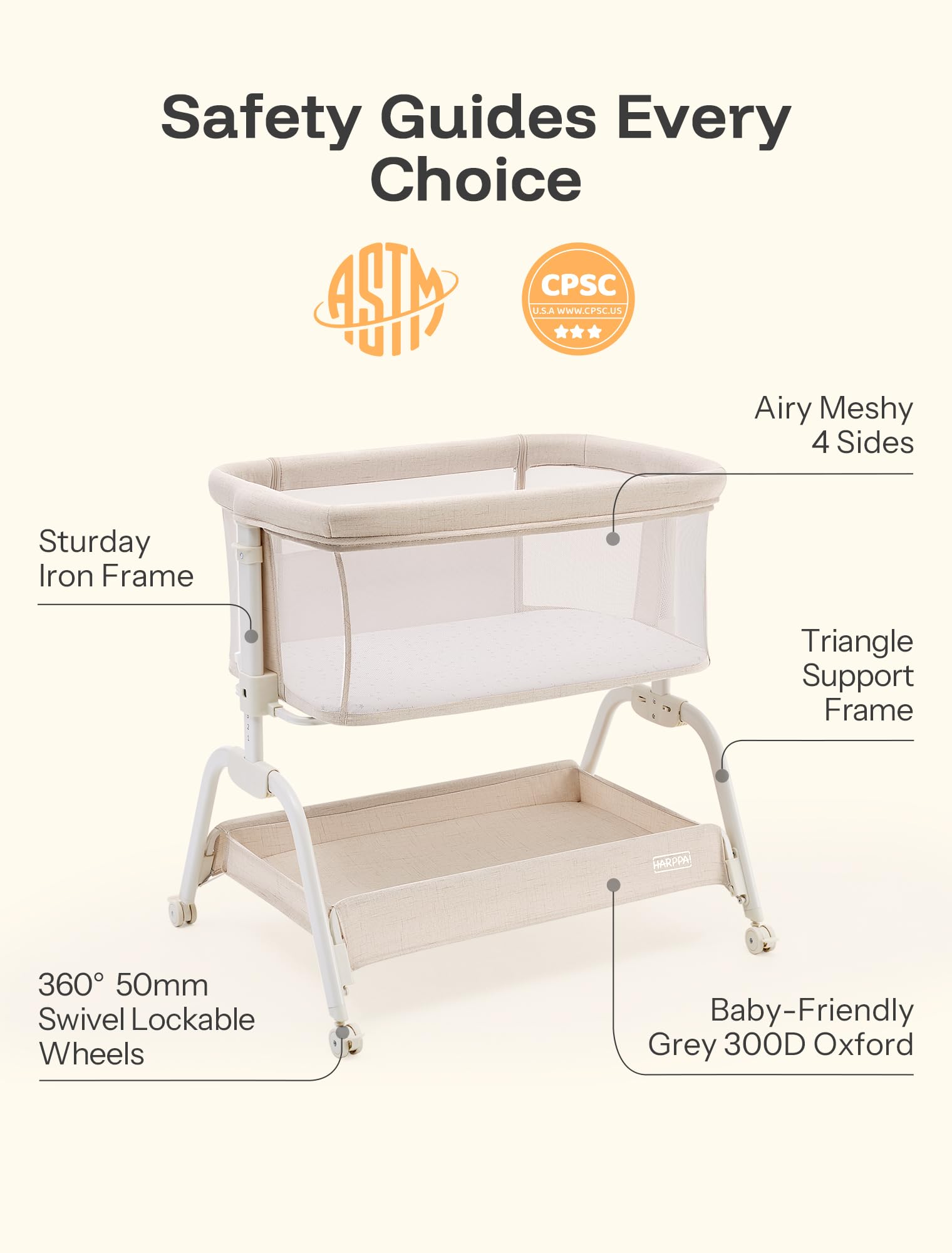 HARPPA Cuddly Bassinet sturdy frame with N-shaped tubing offers stability.