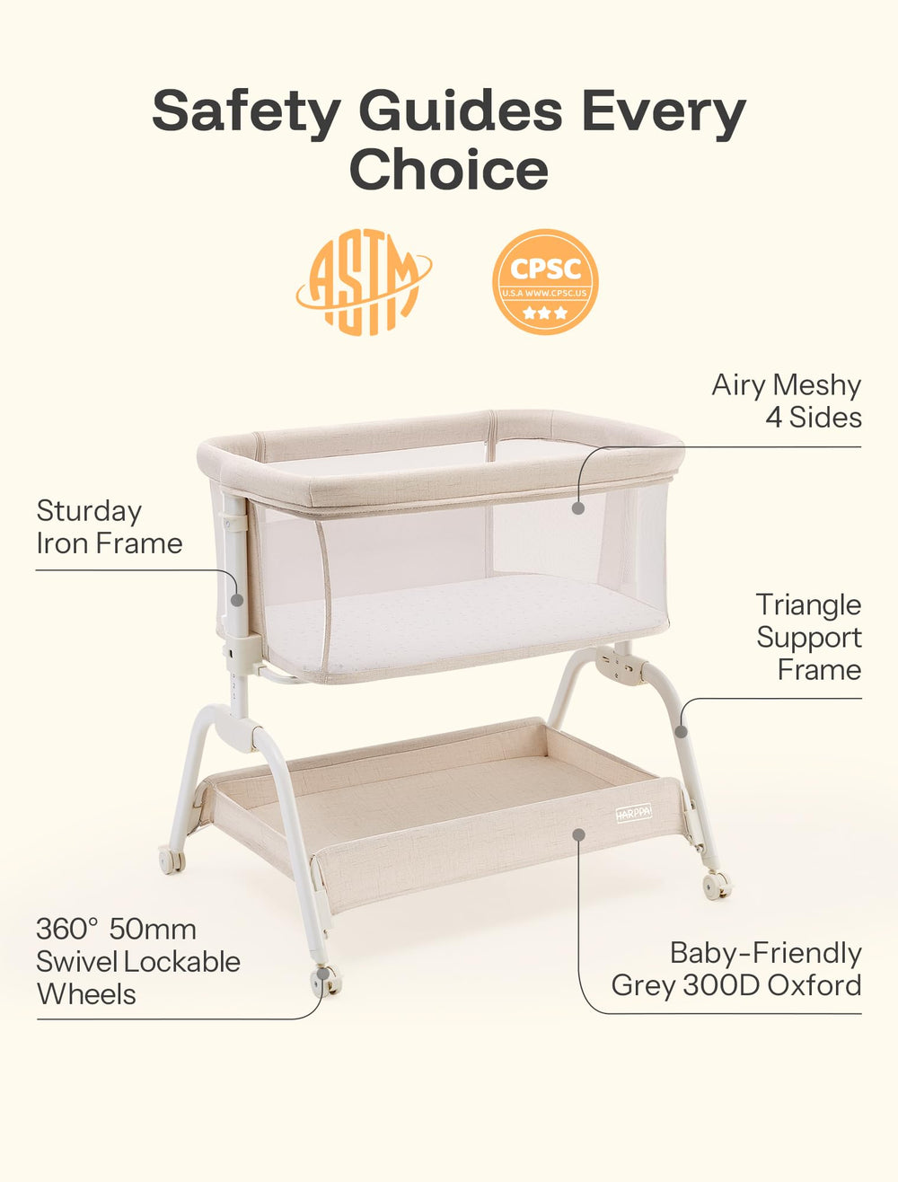 HARPPA Cuddly Bassinet sturdy frame with N-shaped tubing offers stability.