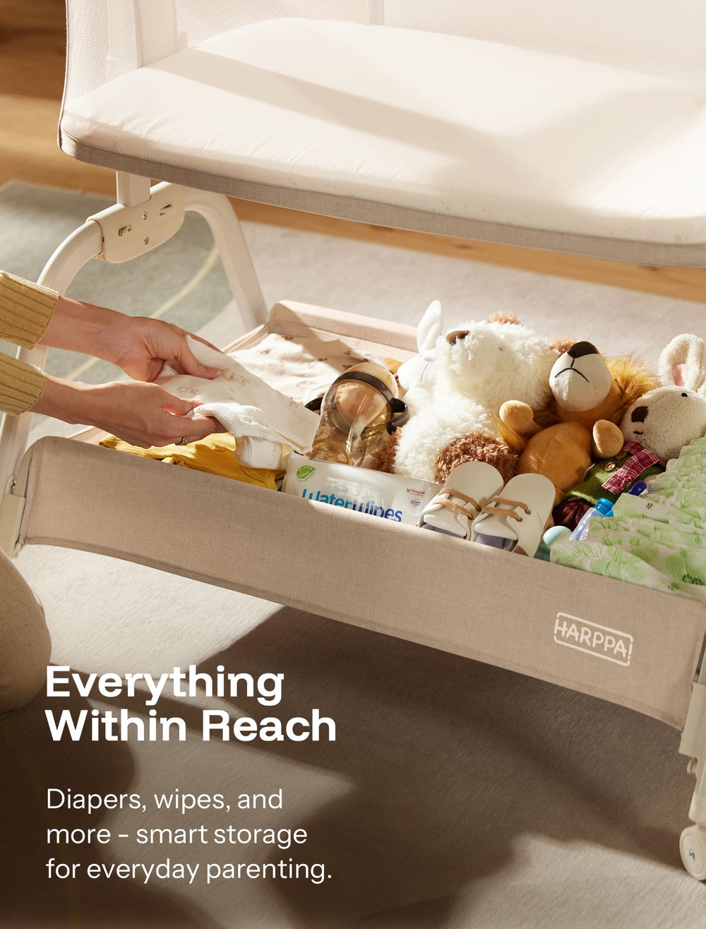 HARPPA Cuddly Bassinet wheels enable smooth bedside repositioning.