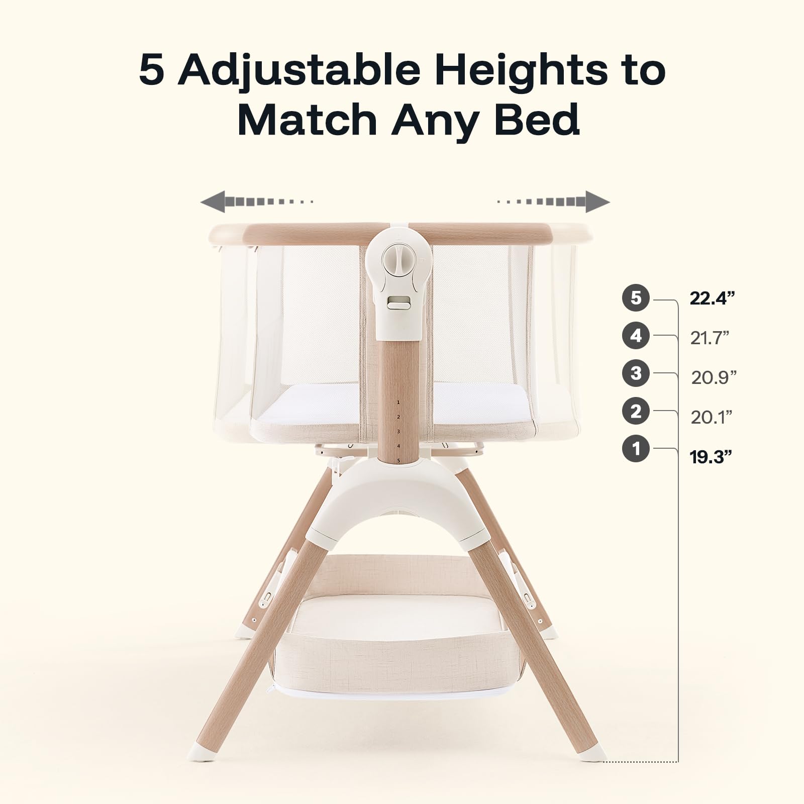 HARPPA adjustable height bassinet matches bed height for easy access