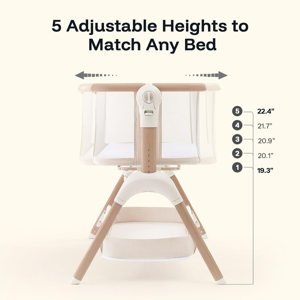 HARPPA adjustable height bassinet matches bed height for easy access
