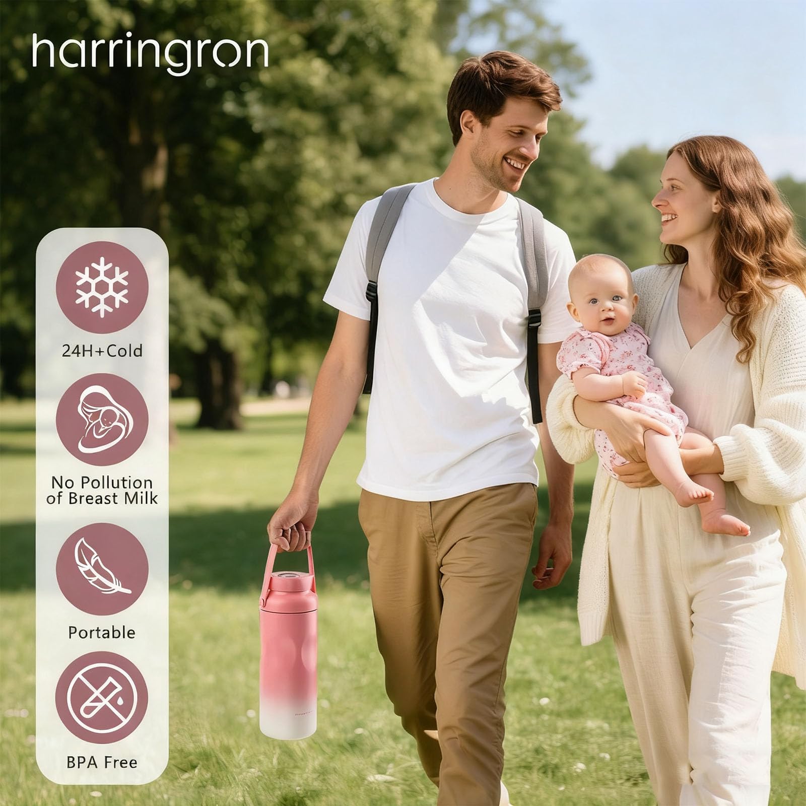 Harringron portable breast milk cooler 22oz travel-ready setup in use