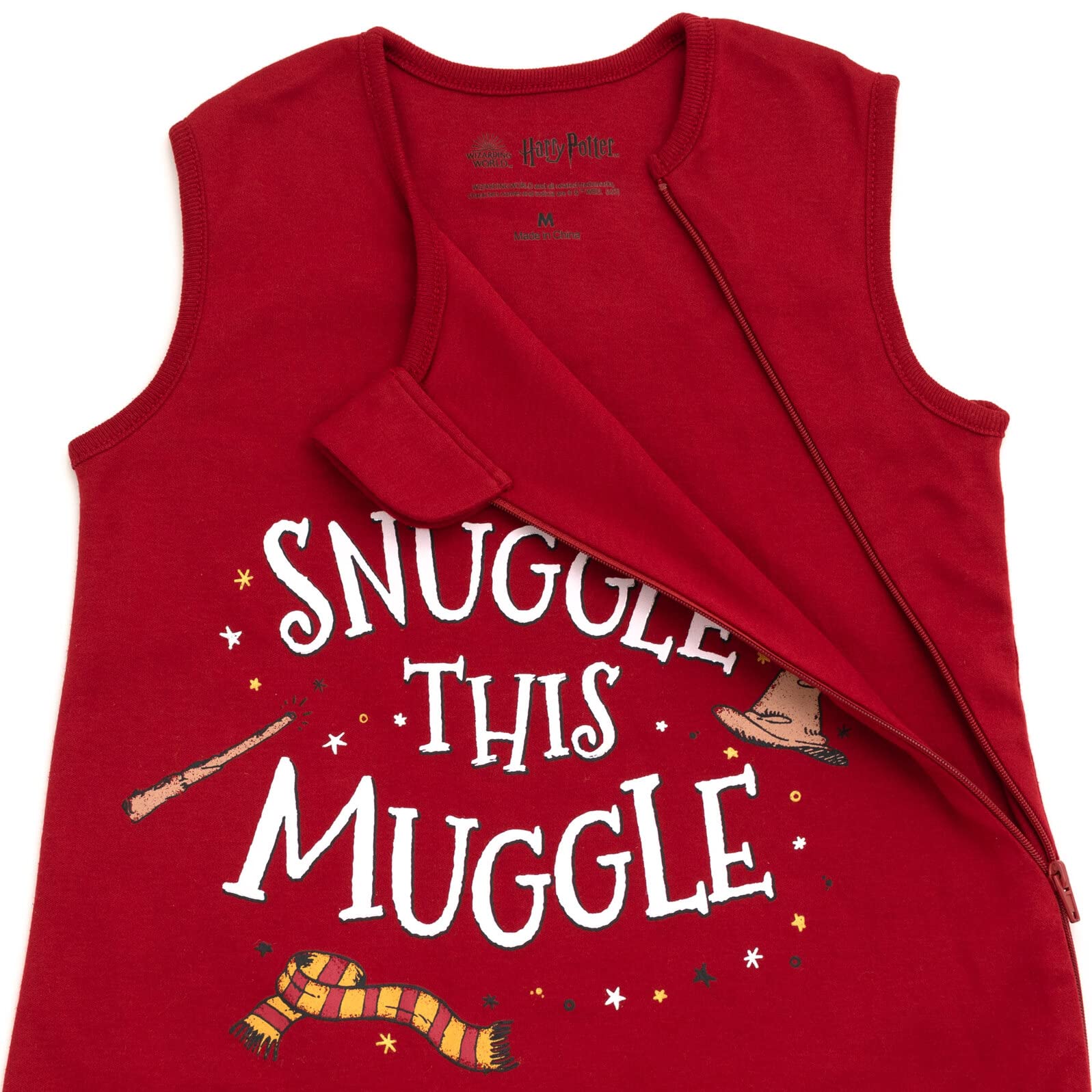 Close-up of zipper on Harry Potter maroon sleep sack for easy dressing