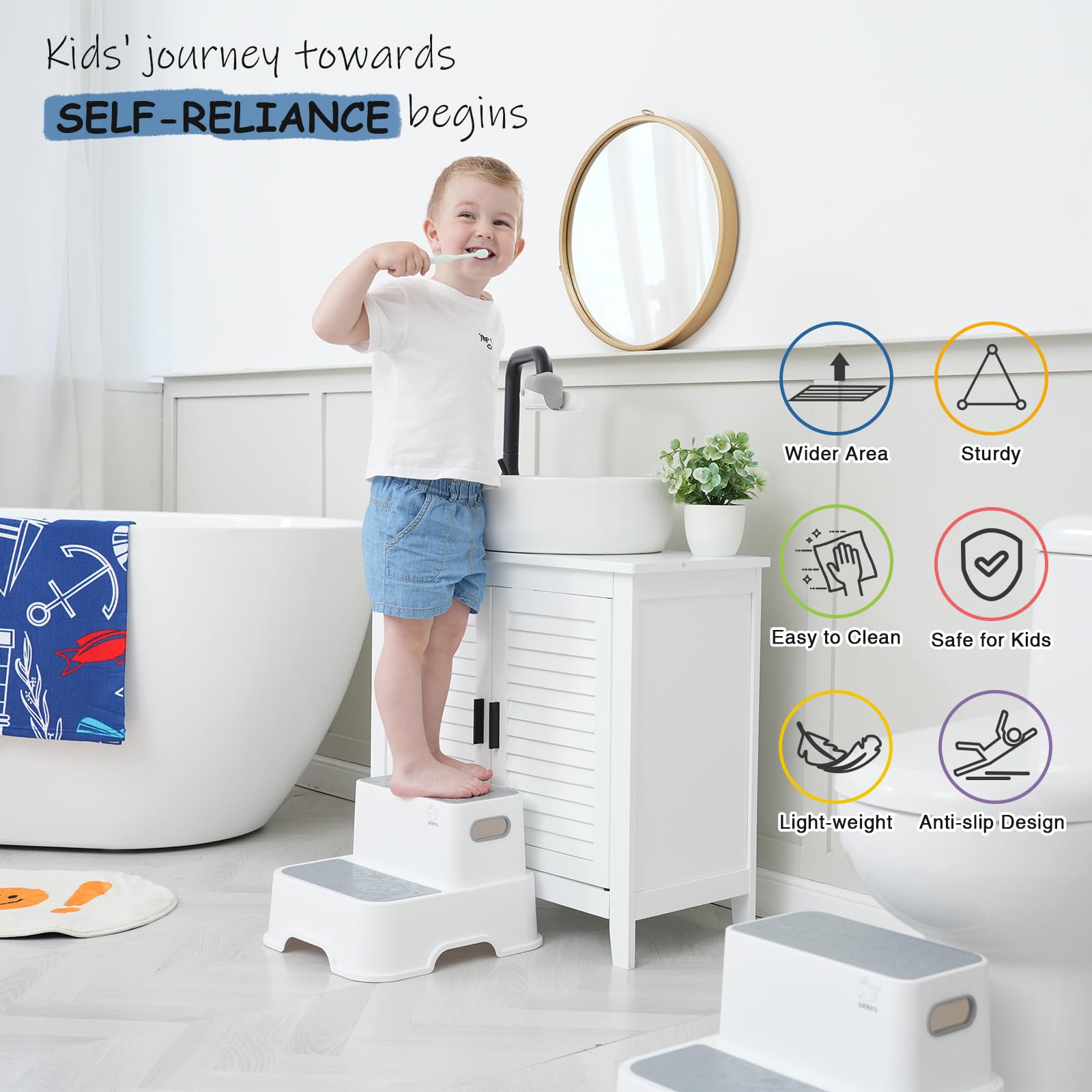 Harwaya step stool with handle, easy to carry for kids around the house.