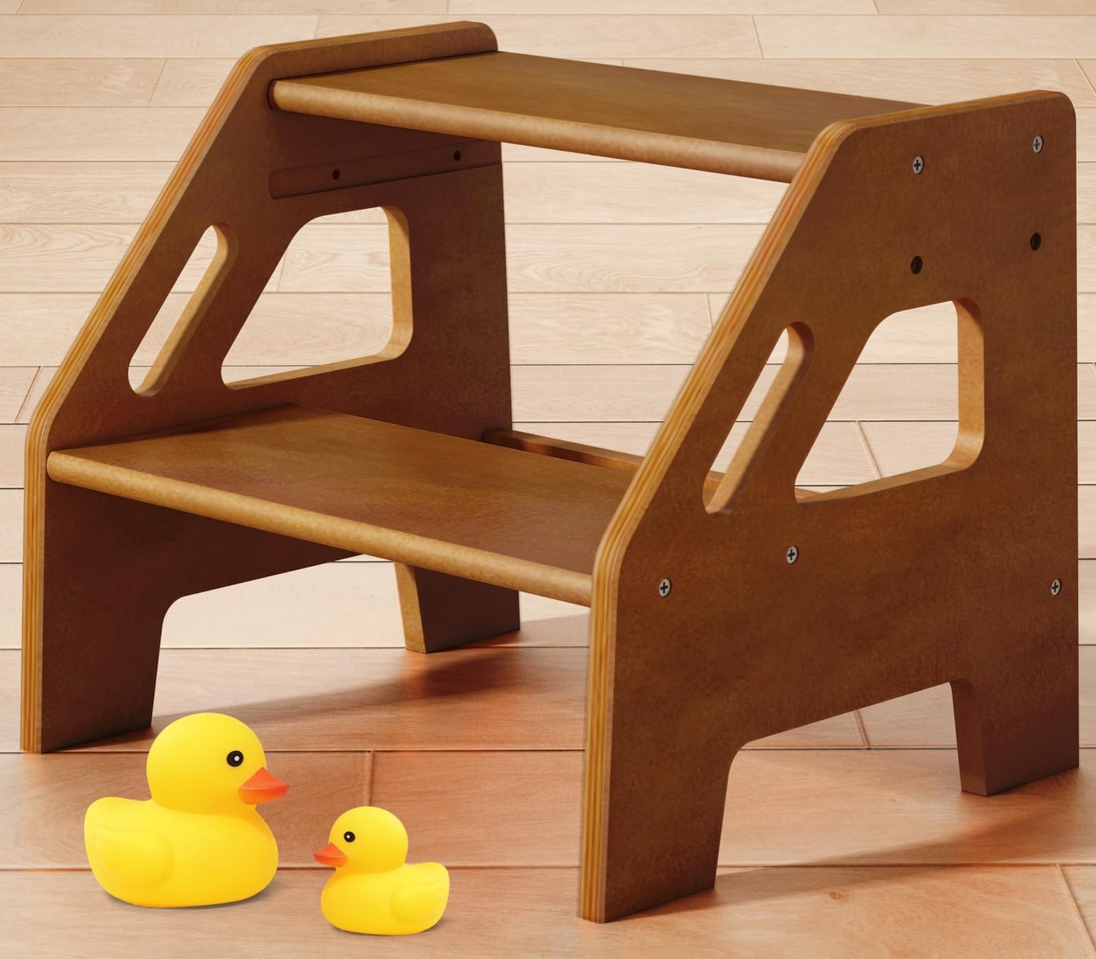 Harwaya walnut brown toddler step stool beside sink for easier handwashing.
