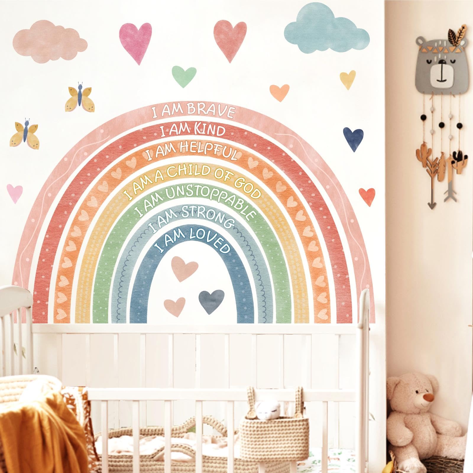 HATARU watercolor rainbow pattern enhances walls with soft, soothing color in playrooms.