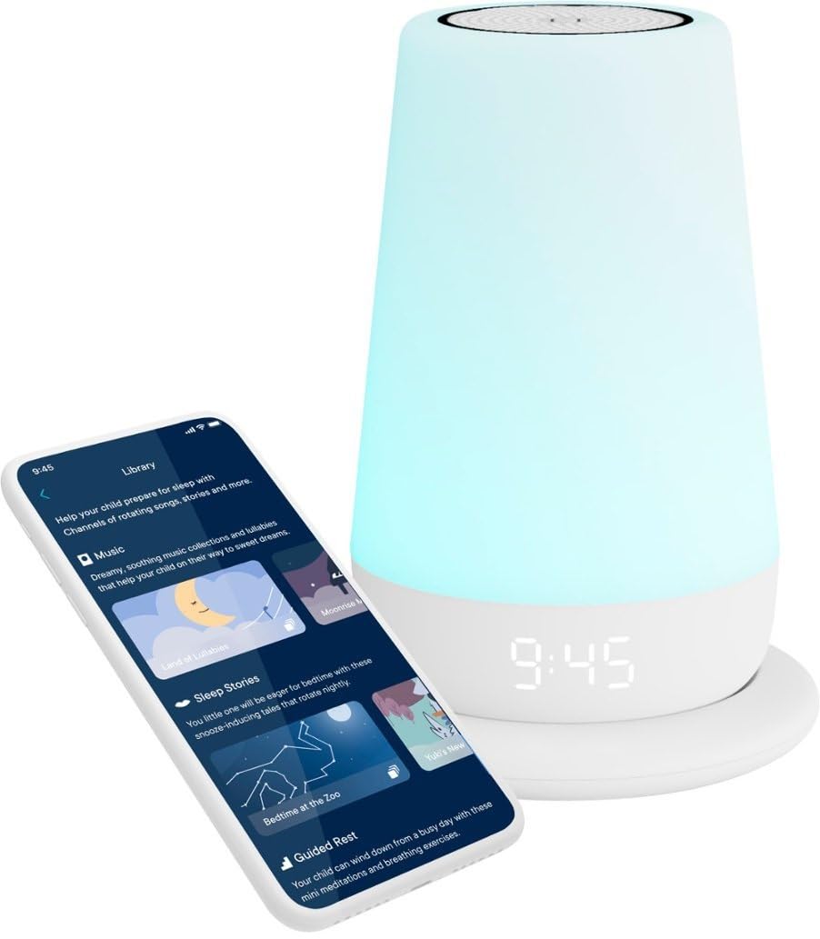 Hatch Rest+ device on a nightstand supports calm bedtimes with gentle sound and light.