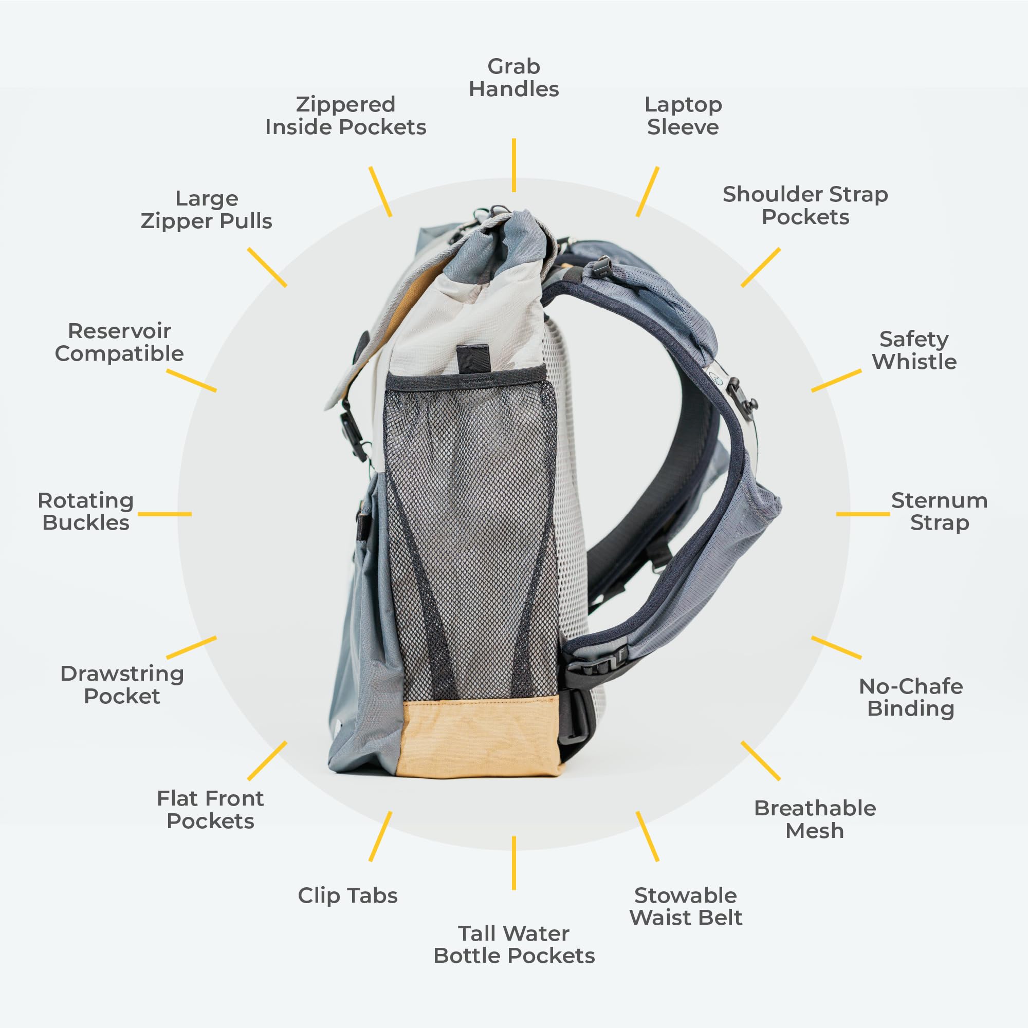 Hatcher Packs stowable waist belt and safety whistle for secure wear.