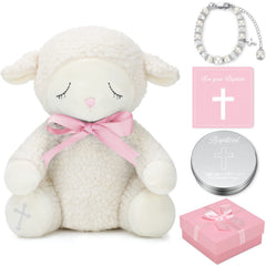 Haull plush lamb with pink ribbon offers soft cuddling for babies