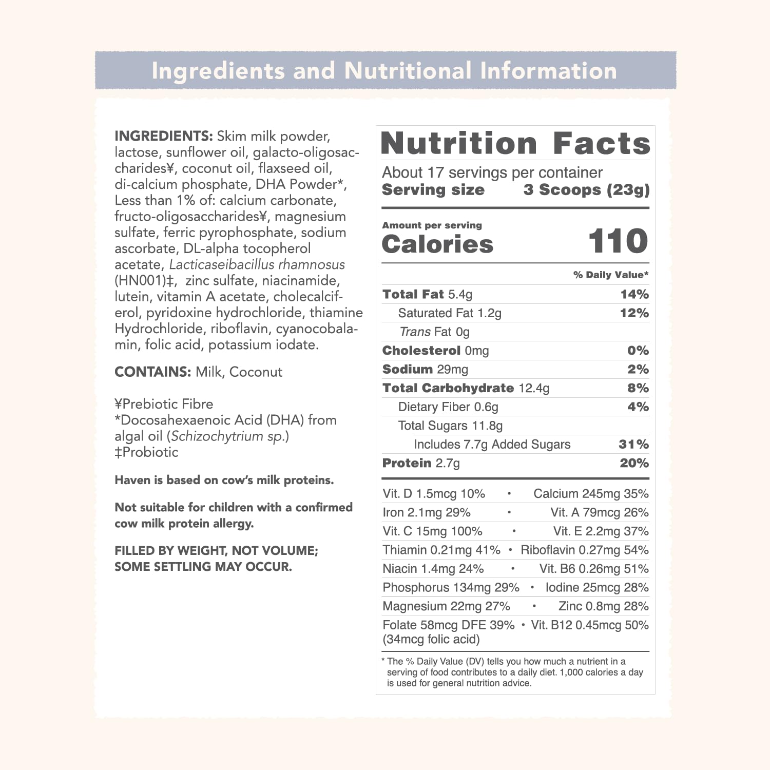 DHA from algae and lutein icon on Haven packaging.