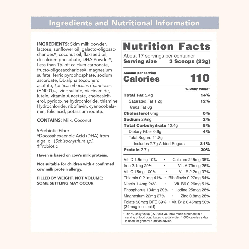 DHA from algae and lutein icon on Haven packaging.