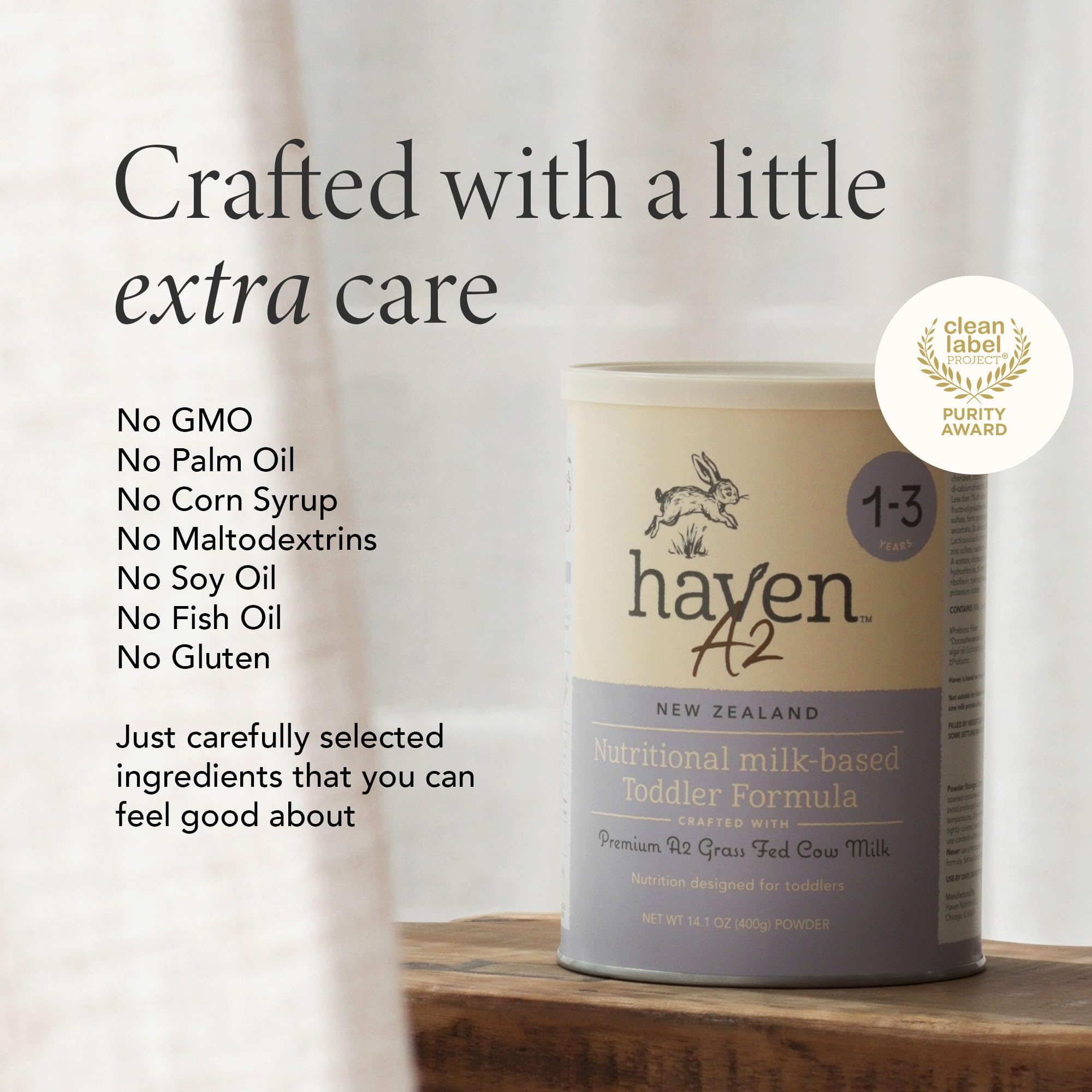 Haven A2 formula ingredients panel highlights probiotics and prebiotics for digestion.