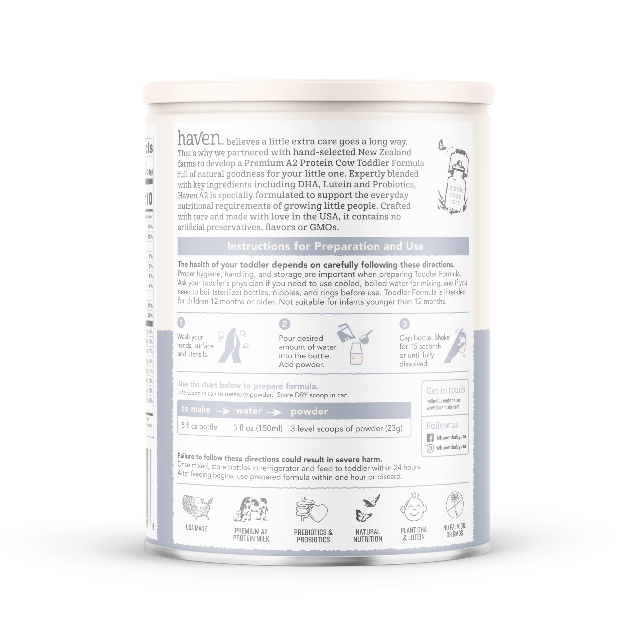 Non-GMO Haven A2 packaging emphasizes clean ingredients.