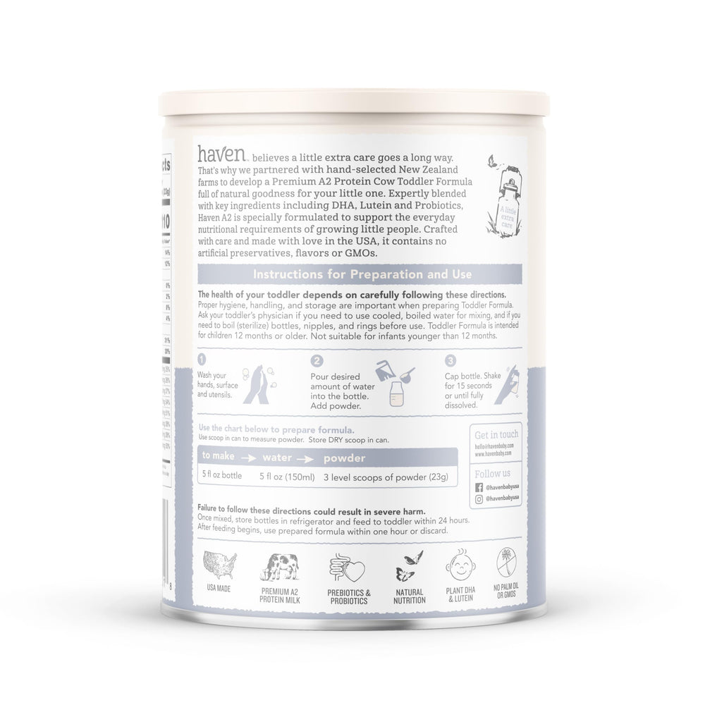 Non-GMO Haven A2 packaging emphasizes clean ingredients.