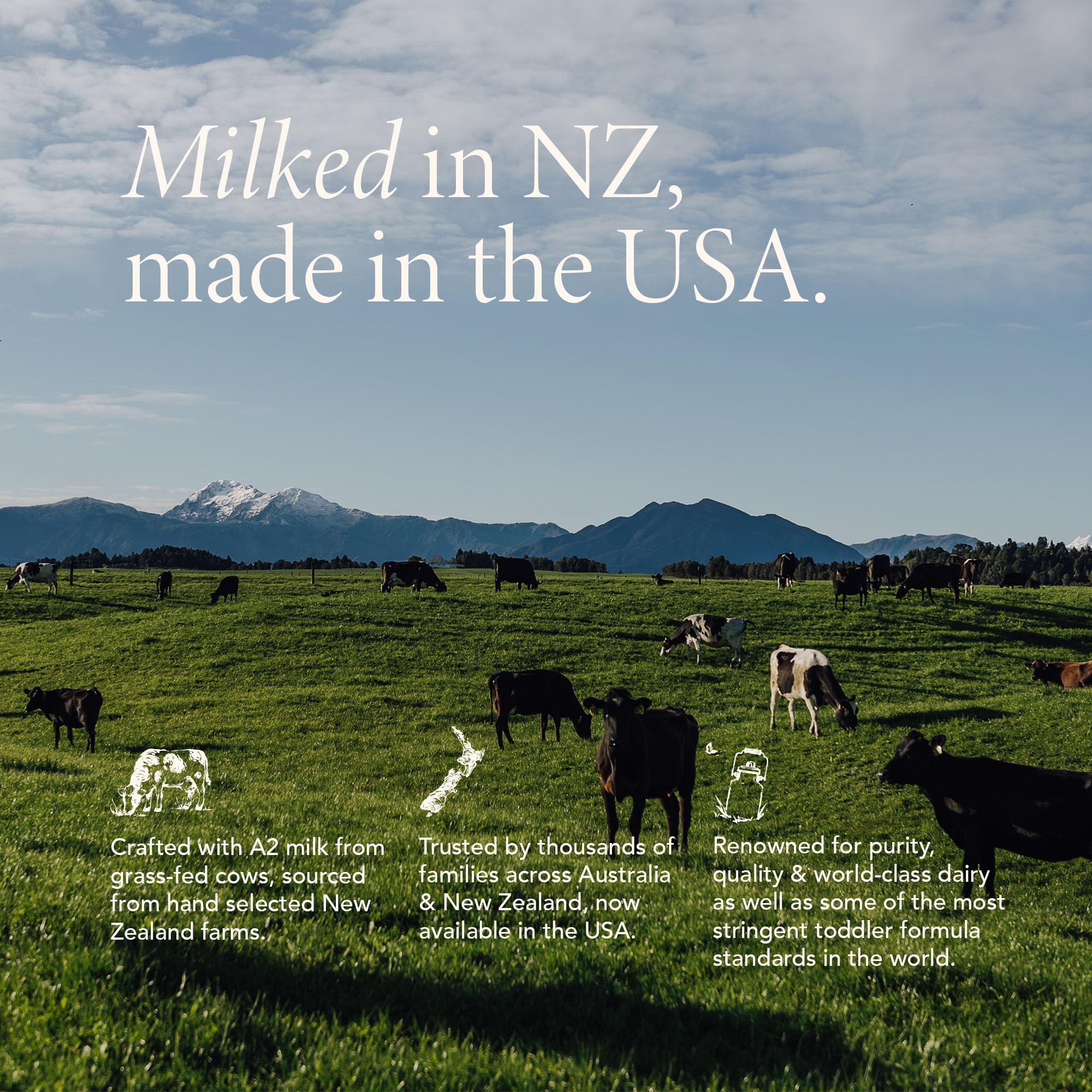 New Zealand pasture-fed cows icon represents natural A2 protein.