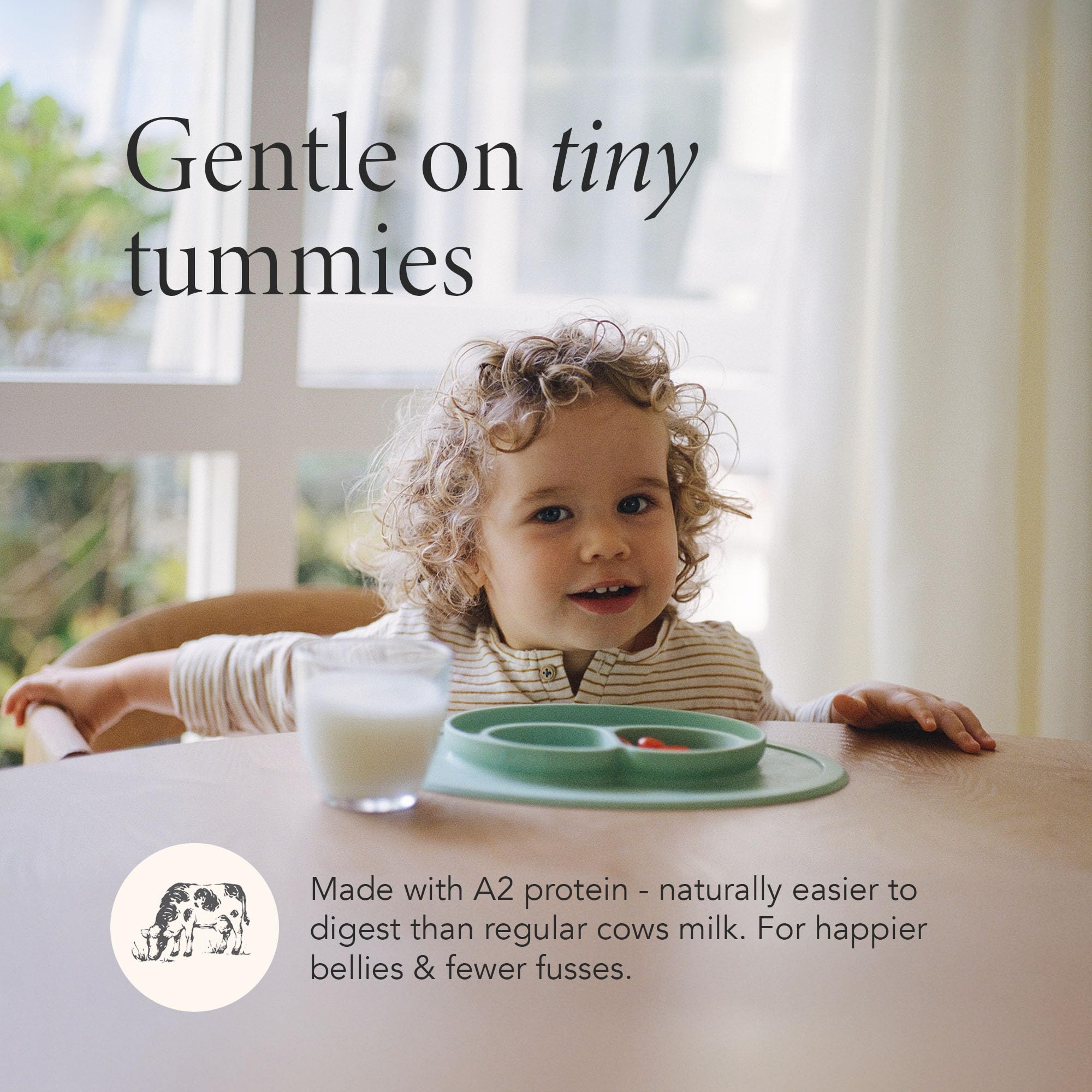 Toddler enjoys Haven A2 formula from a bottle.