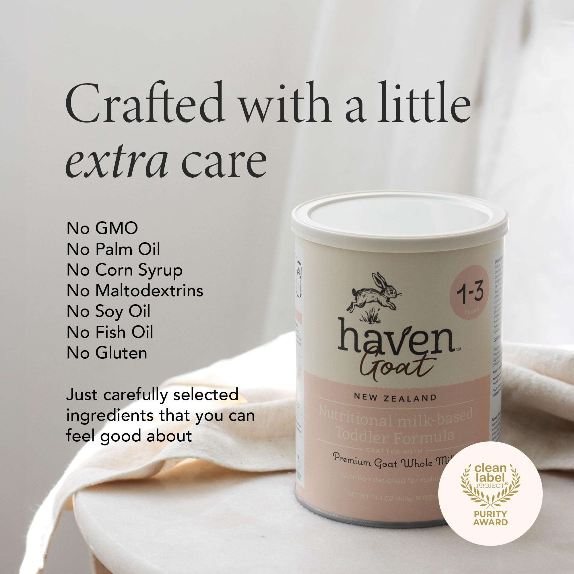 Haven label close-up highlights prebiotics and probiotics for digestion.