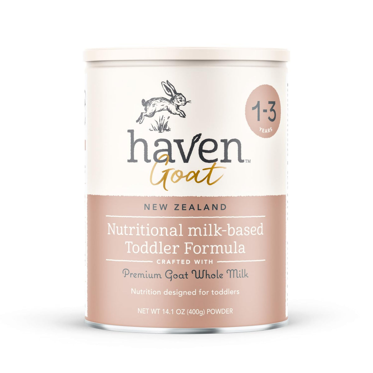 Haven Goat Toddler Formula tin front view, gentle milk-based nutrition.