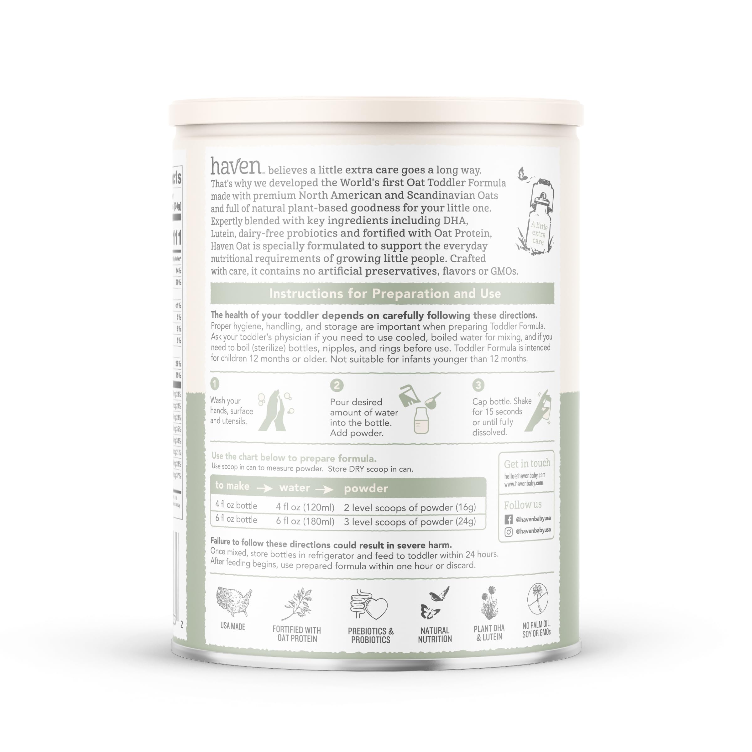 Haven Oat Toddler Formula no artificial ingredients sign for clean nutrition