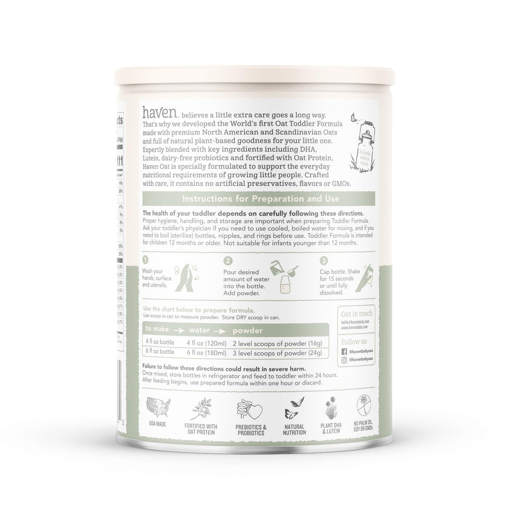 Haven Oat Toddler Formula no artificial ingredients sign for clean nutrition