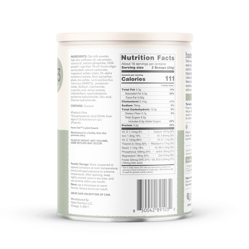 Haven Oat Toddler Formula on table beside spoon ready for feeding
