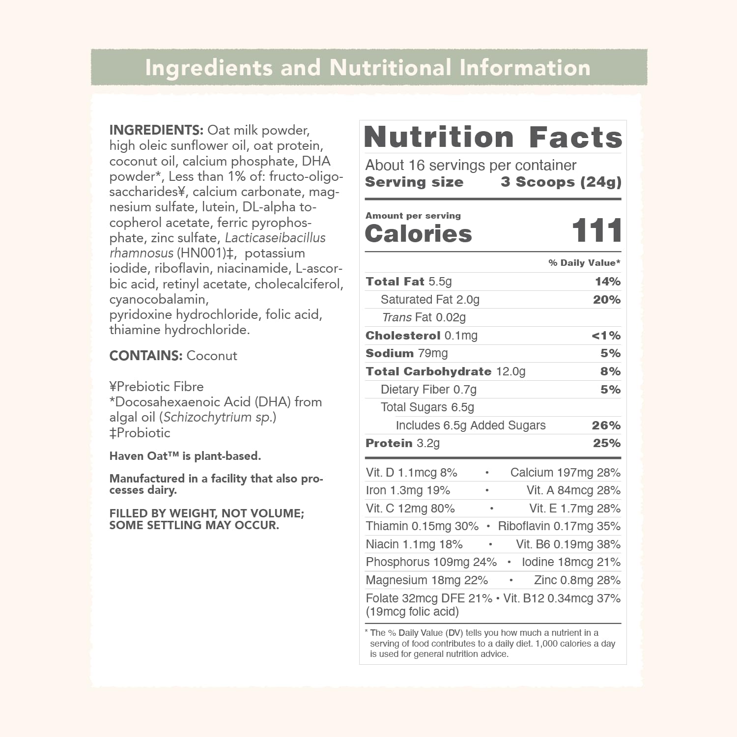 Haven Oat Toddler Formula tub 14.1 oz for daily dairy-free meals