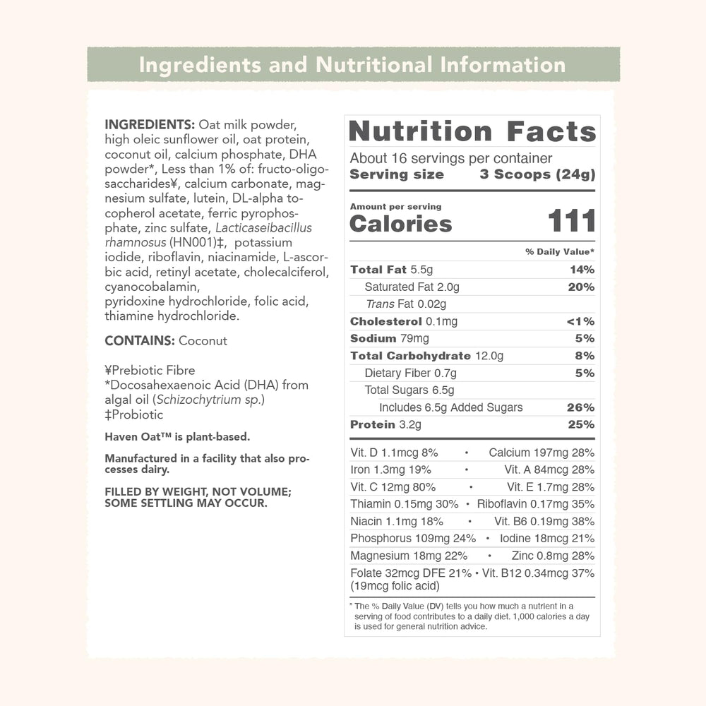Haven Oat Toddler Formula tub 14.1 oz for daily dairy-free meals