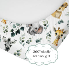 HawSkgFub 52x28 fitted crib sheet with deep pockets keeps the mattress covered.
