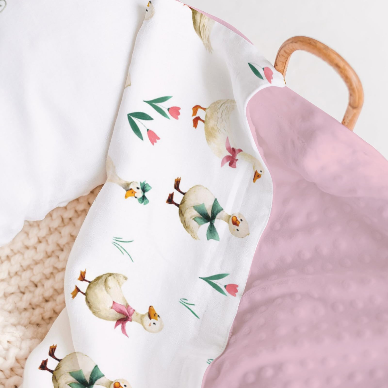 HawSkgFub Goose Pink Bow Ribbon blanket closeup showing plush flannel texture