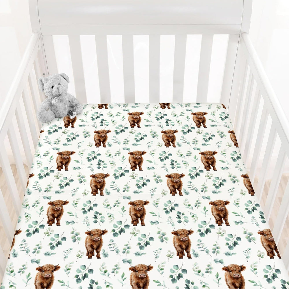 HawSkgFub Highland Cow Eucalyptus Leaf crib sheet offers a snug fit for secure sleep
