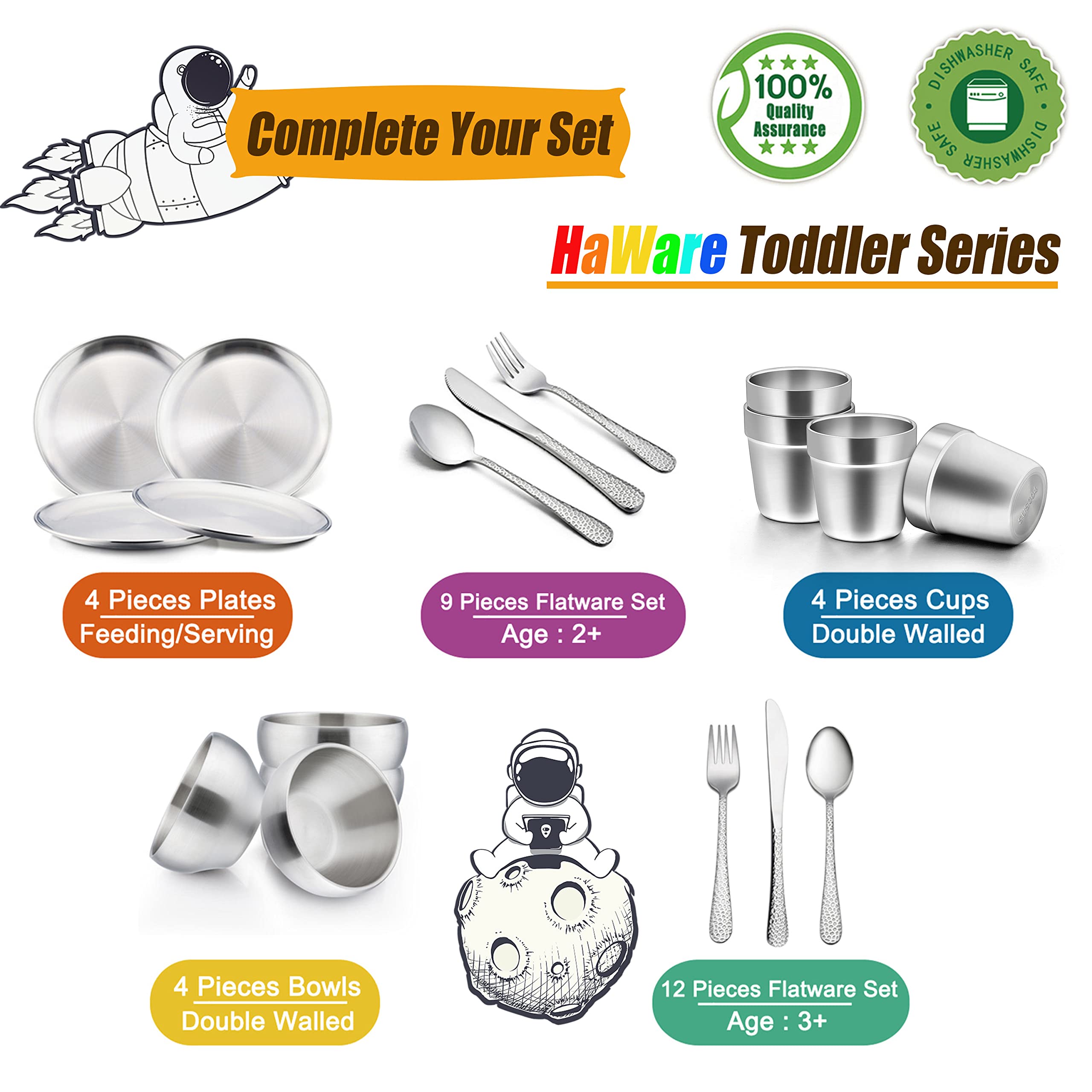 HaWare dishwasher-safe stainless steel plates for quick cleanup.