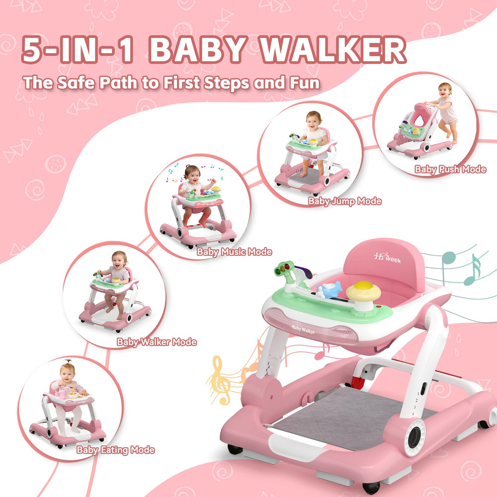 HAWEEK 5-in-1 mode highlights versatile walker, bouncer, rocker, eating table, and push mode.