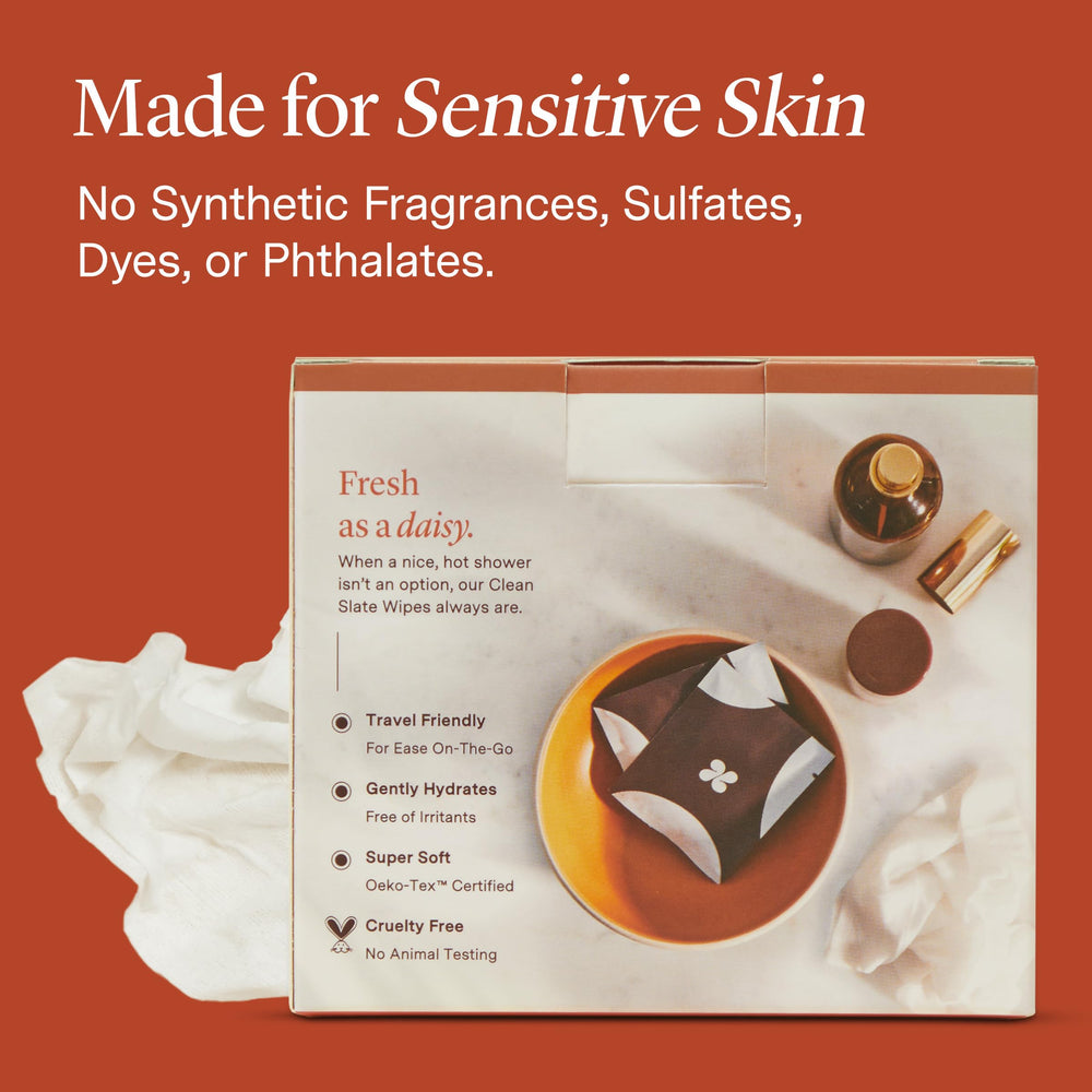 Hazel Clean Slate sensitive-skin safe wipes for daily use.
