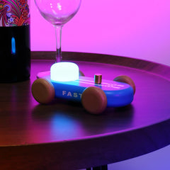 HBCIDC go-kart night light blue wood-grain finish complements any kid space