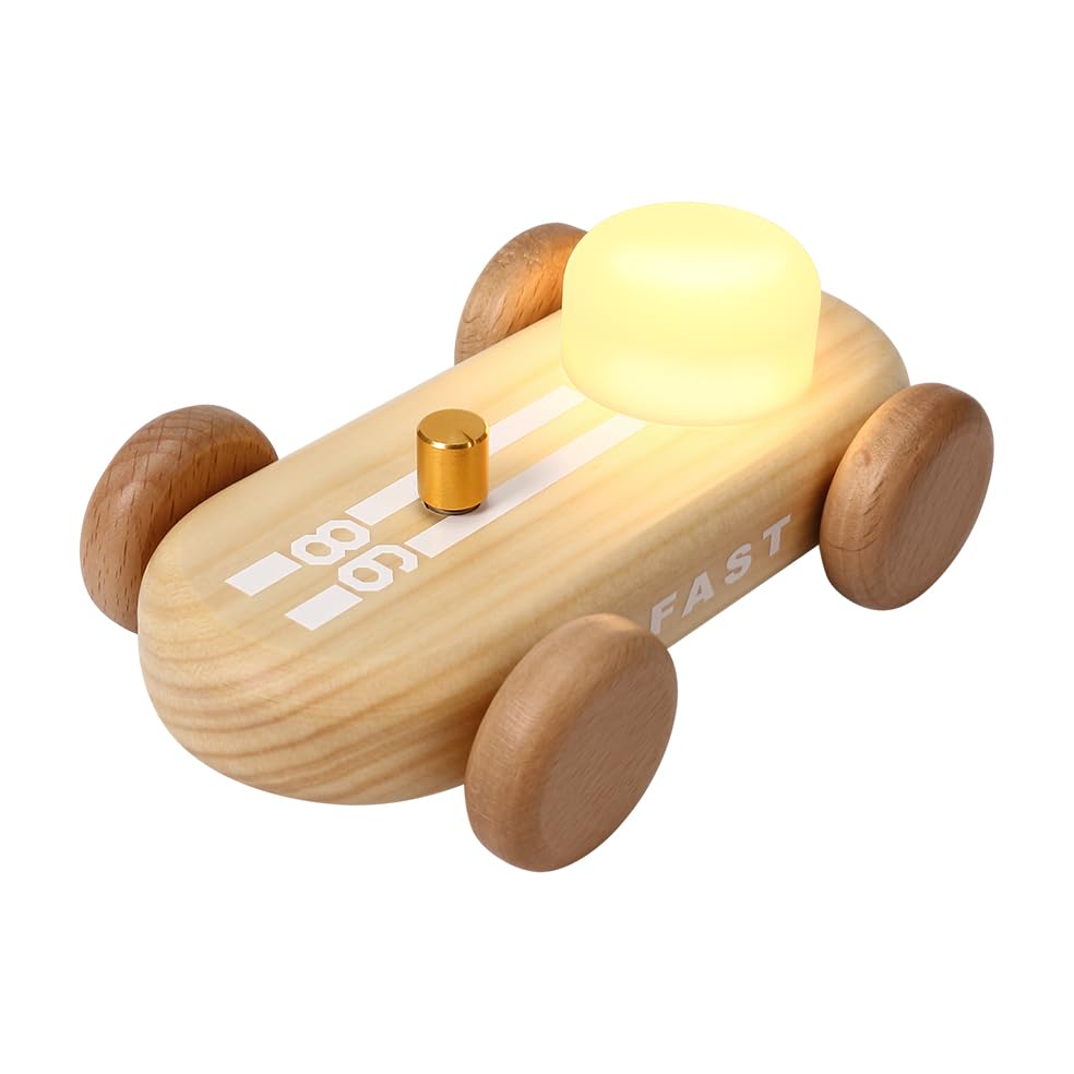 HBCIDC go-kart night light in wood finish brightens a kid's room with playful decor.