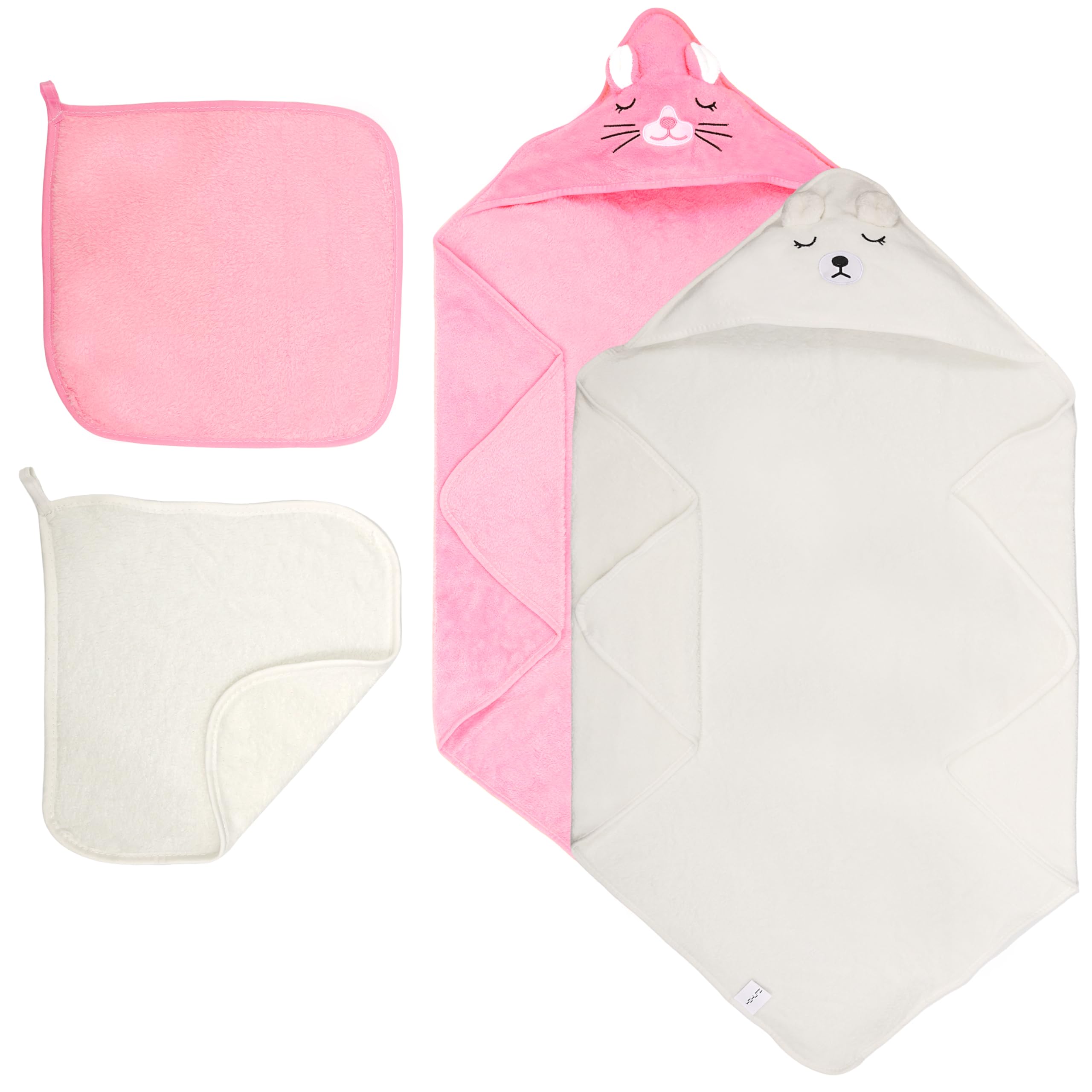 HBHLFZ hooded towel set with kitten print in coral fleece for newborns