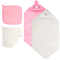 HBHLFZ hooded towel set with kitten print in coral fleece for newborns