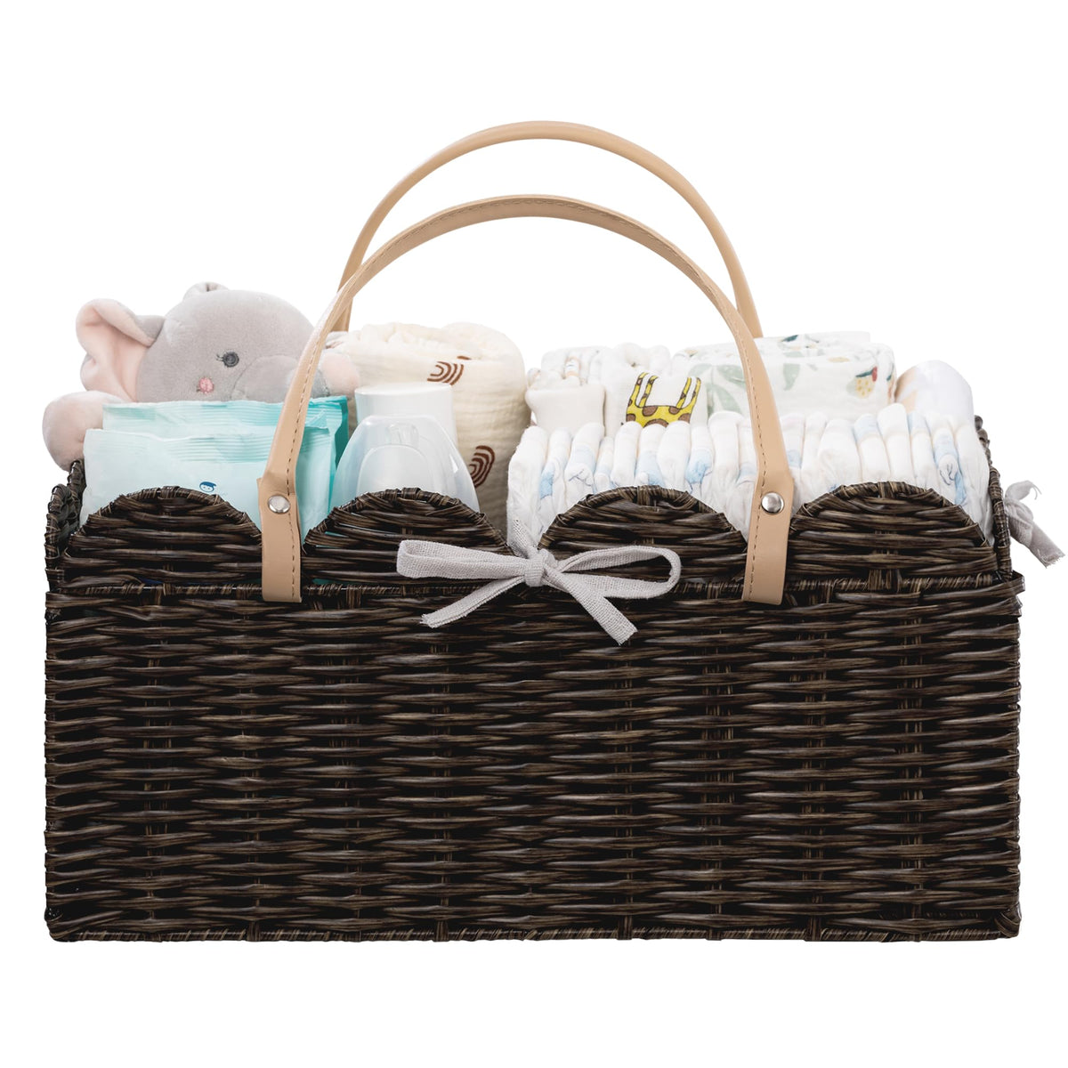 HBlife diaper caddy with scalloped wicker for organized diaper changes at home.