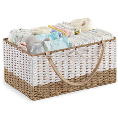 HBlife Diaper Caddy Organizer front view highlights durable hand-woven basket for nursery organization.